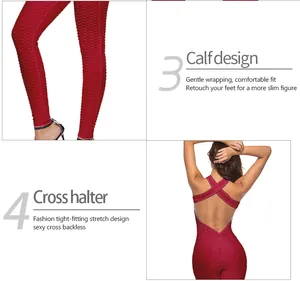 Détail de la combinaison de yoga rouge à texture nid d'abeille et dos nu croisé