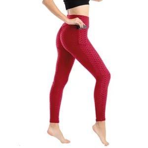 Pantaloni da Yoga Donna Vita Alta Trama a Nido d'Ape Tasche Laterali Leggings Push Up Modellanti Fitness Sportivi