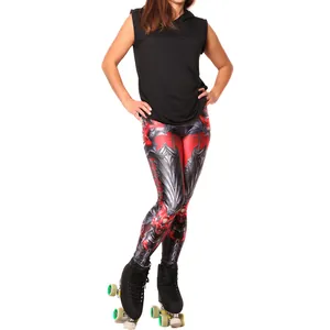 Detail of high-stretch leggings with red and black 3D skull armor digital print