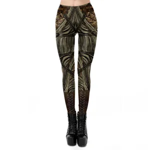 Détail de l'imprimé d'armure steampunk 3D avec boucles sur leggings élastiques