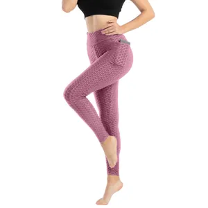 Leggings yoga rosa a vita alta con trama a nido d'ape, tasca e effetto push-up
