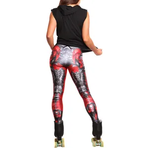 Rear view of high-elastic leggings featuring 3D mechanical armor and red skull prints