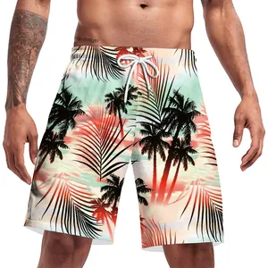 Dettaglio dei pantaloncini da spiaggia da uomo con stampa palme e vita elastica regolabile