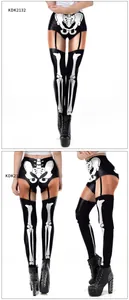 Three-way view of 3D skeletal print high waist shorts and stockings for women