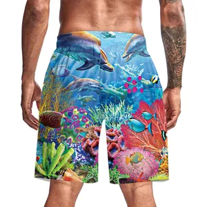Rear view of men's quick-dry swim shorts featuring colorful underwater digital printing