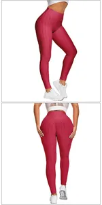Detail of high waist honeycomb textured yoga leggings in dark red with push up effect