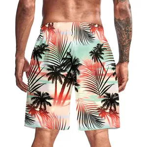 Vista posteriore dei pantaloncini da uomo con palme tropicali e sfumatura tramonto