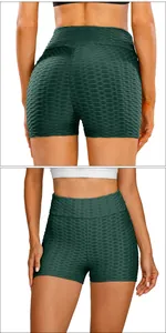 Detailed close-up showing dark green honeycomb texture and butt-lifting scrunch gym shorts