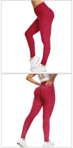 Detail of red high-waisted yoga pants showing honeycomb texture and scrunch butt lifting effect