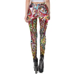 Close-up of high-waisted 3D digital print leggings with psychedelic eye and mouth motifs