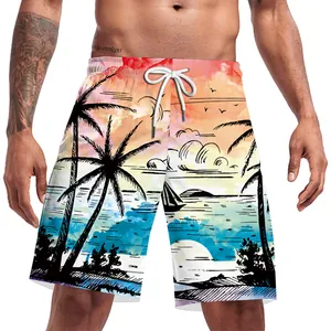 Men's quick-dry beach shorts with colorful tropical sunset scenery and palm tree print