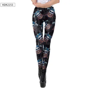 Detail of Viking skull and crossed axes digital print on black stretch leggings