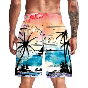 Men's beach shorts with tropical sunset watercolor print featuring palms and waves