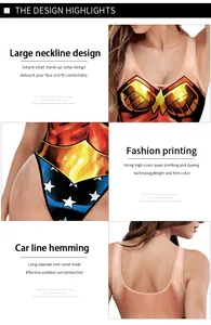Details des Wonder Woman Badeanzugs mit goldenem W-Emblem und Sternendruck in Rot-Blau
