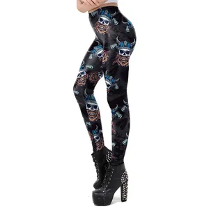 Detailed side view of leggings featuring viking skull prints and double-edged battle axes
