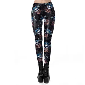 Close-up of Viking skull and crossed axes print on high-elastic black leggings