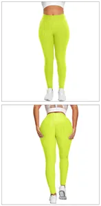 Detail of high-waisted neon yoga leggings featuring textured honeycomb fabric and push-up effect