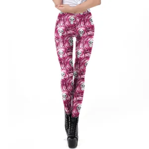 Women's 3D print stretch leggings with pink spiral lines and skull patterns