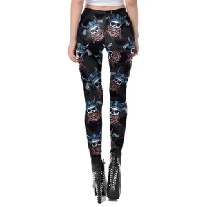 Women's 3D Viking skull print leggings featuring horned helmet and long beard patterns