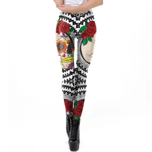 Women's high waist leggings with 3D sugar skull and red rose floral prints