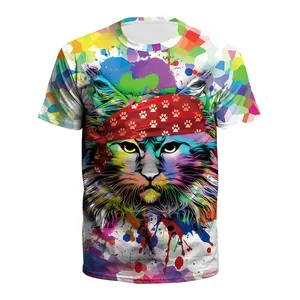 T-shirt pour homme avec impression numérique 3D d'un chat coloré et bandana rouge sur fond blanc