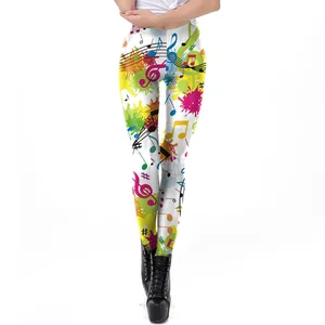 Women's 3D music note print leggings with colorful paint splashes and high waist fit