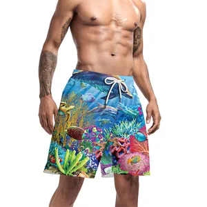 Men's summer beach shorts featuring vibrant blue tropical marine life and dolphin digital print