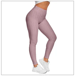 Close-up of pink honeycomb texture yoga leggings with high waist and push-up effect