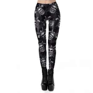 Detail of Viking skull print leggings with dual axes and black platform boots