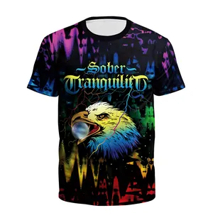 T-shirt homme à col rond avec imprimé graphique d'aigle coloré 3D sur fond blanc épuré
