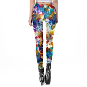 Women's 3D tiger print stretch leggings with colorful tie-dye patterns in back view