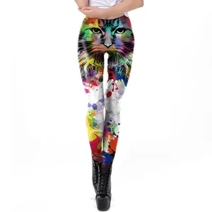 Women high waist 3D tiger digital print leggings with artistic ink splash design