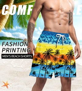 Detail of tropical beach shorts with coconut trees print and adjustable drawstring waist