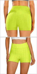 Front and back view of neon high-waist scrunch butt yoga shorts with honeycomb texture