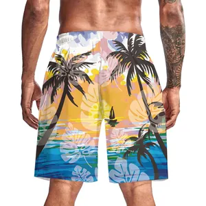 Vista posteriore dettagliata dei pantaloncini mare uomo con stampe di palme e tramonto