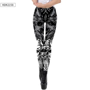 Detailed close-up of dark Viking style digital skull print on high-elastic leggings