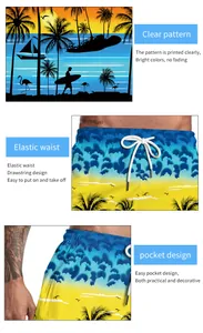 Detailed views of tropical beach print shorts with drawstring waist and side pockets