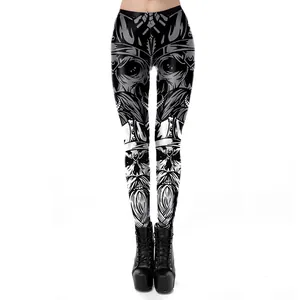 Close-up of gothic skull print on high-stretch leggings paired with black platform boots