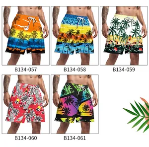 Five styles of quick-dry beach shorts for men with tropical coconut and sunset 3D prints