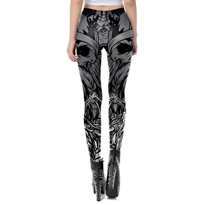 Detailed view of high-stretch leggings with Viking warrior axe and mask print design