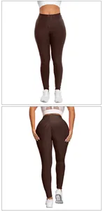 Close-up of brown high-waisted leggings with honeycomb texture and scrunch butt detail