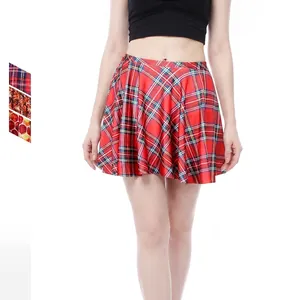 Gonna a Pieghe da Donna Stile Europeo Vita Alta Mini Gonna Stampa Digitale Quadri Rossi Motivo Ape Gonna Corta Vestibilità Aderente Poliestere Spandex