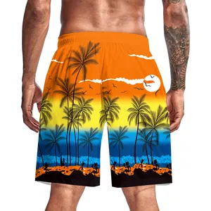 Detail of 3D digital print showing tropical sunset and palm trees on men's beach shorts