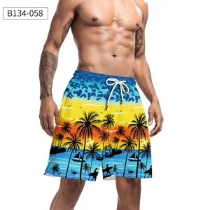 Detail of 3D tropical palm tree print and adjustable drawstring on men's beach shorts