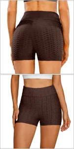 Detailed macro view of honeycomb texture on high-waisted dark brown scrunch butt gym shorts