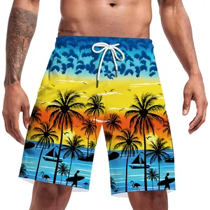 Detail of tropical sunset print on men's beach shorts with elastic waist and white drawstring