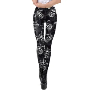 Women's 3D Viking skull and axe print high-stretch cosplay leggings in black color