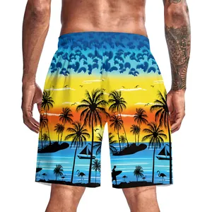 Men's 3D tropical beach shorts with sunset palm tree print and surfboard design