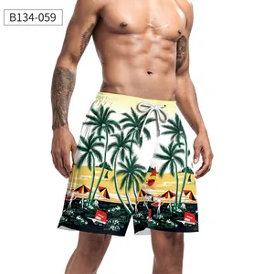 Detailed view of the drawstring waistband and 3D tropical palm tree print on beach shorts