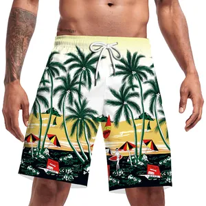 Men's summer beach shorts featuring 3D tropical palm tree and surfer digital print